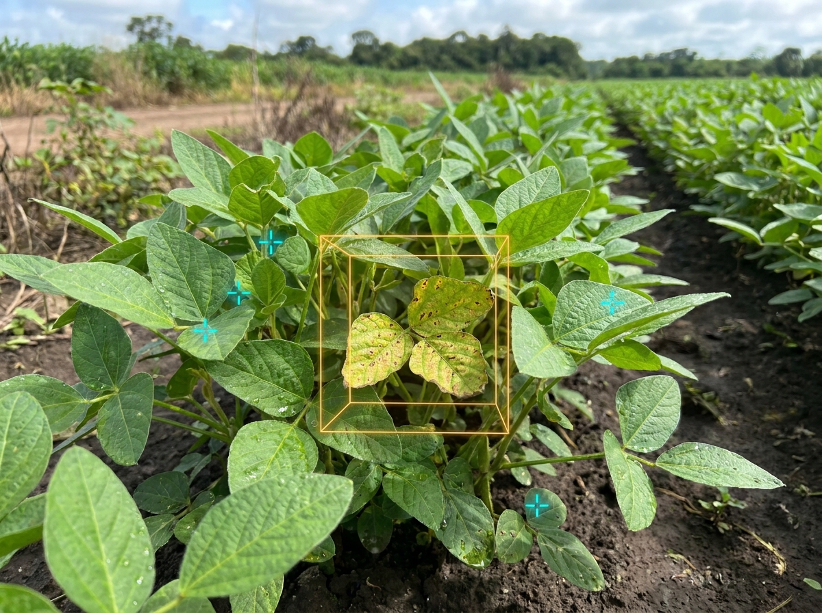 AI detection highlighting visible crop leaf stress and disease indicators