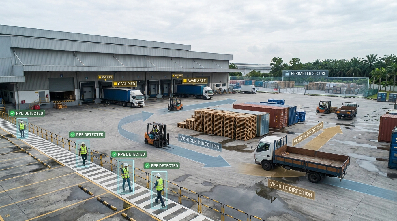 Video analytics monitoring safety, assets, and vehicle movement across an industrial logistics yard