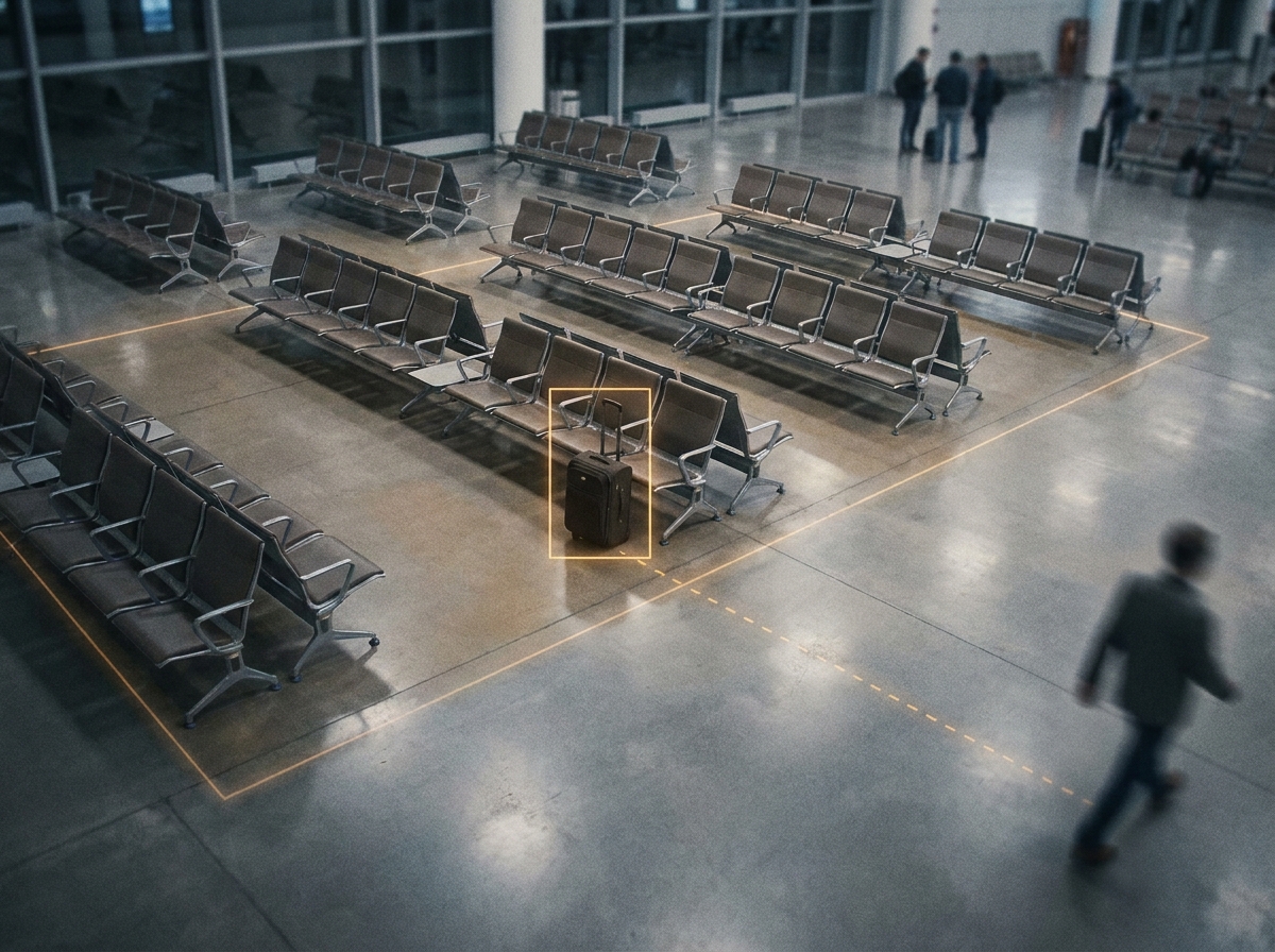 Unattended baggage detected beneath seating in a transport environment