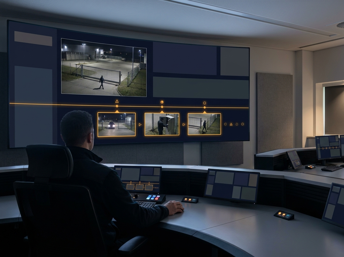 Operator reviewing camera snapshots and a visual incident timeline