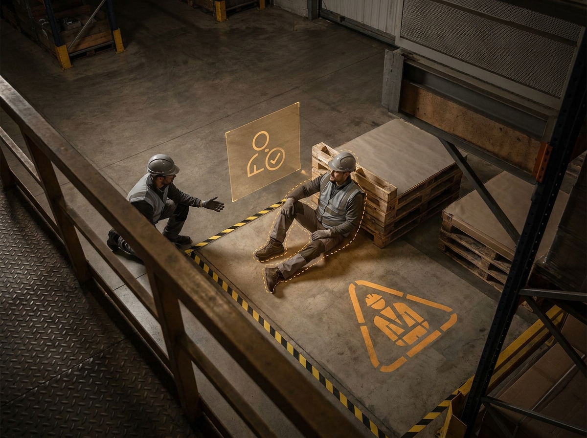Industrial warehouse aisle monitored for slip and fall safety events