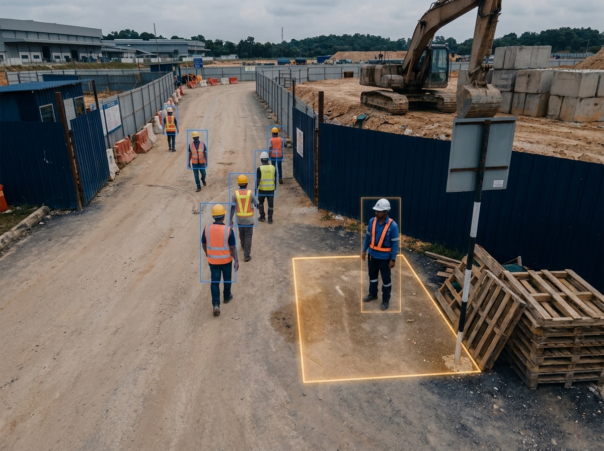 Video analytics checking protective equipment at an industrial safety zone
