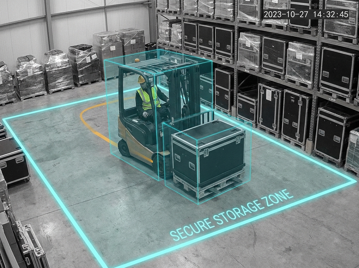 Tracked equipment moving within a protected warehouse zone