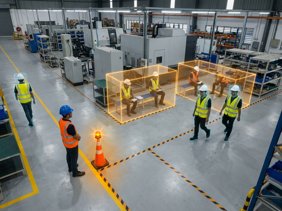 Visual PPE and safety-zone compliance monitoring at an industrial site