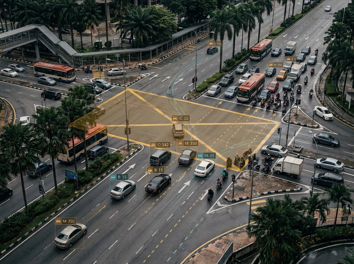 Traffic volume, direction, and congestion analytics at an urban intersection