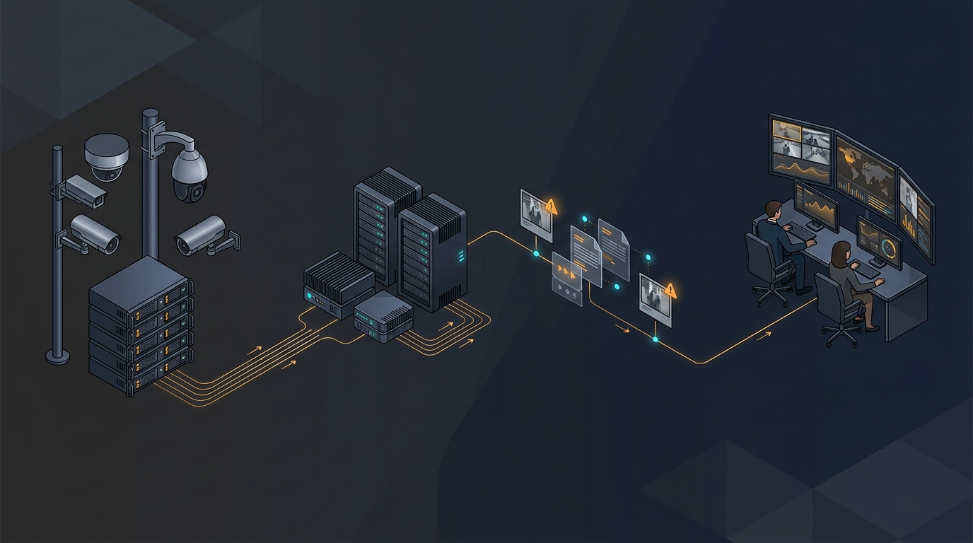 PreCog architecture connecting video sources, AI processing, events, and operations