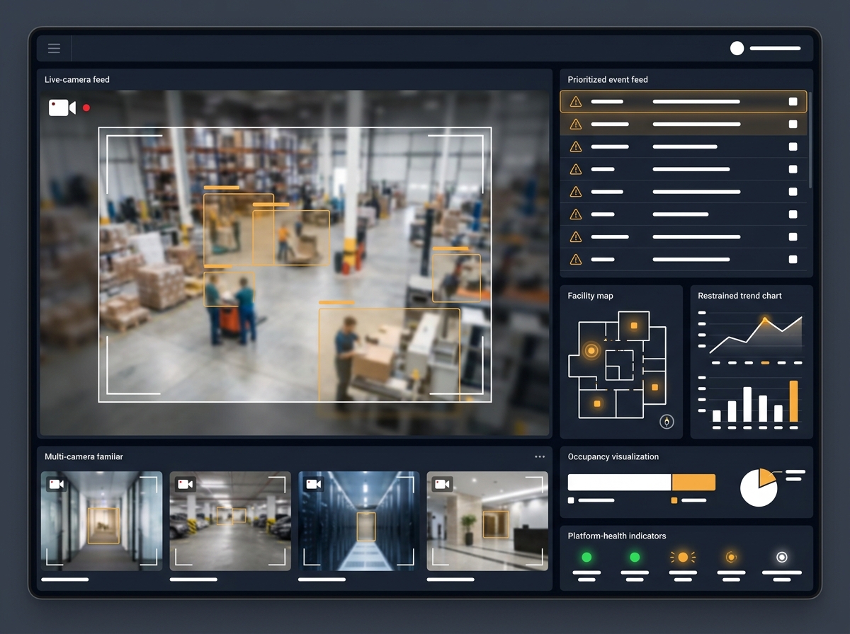 Centralized dashboard combining live video, events, maps, and operational analytics
