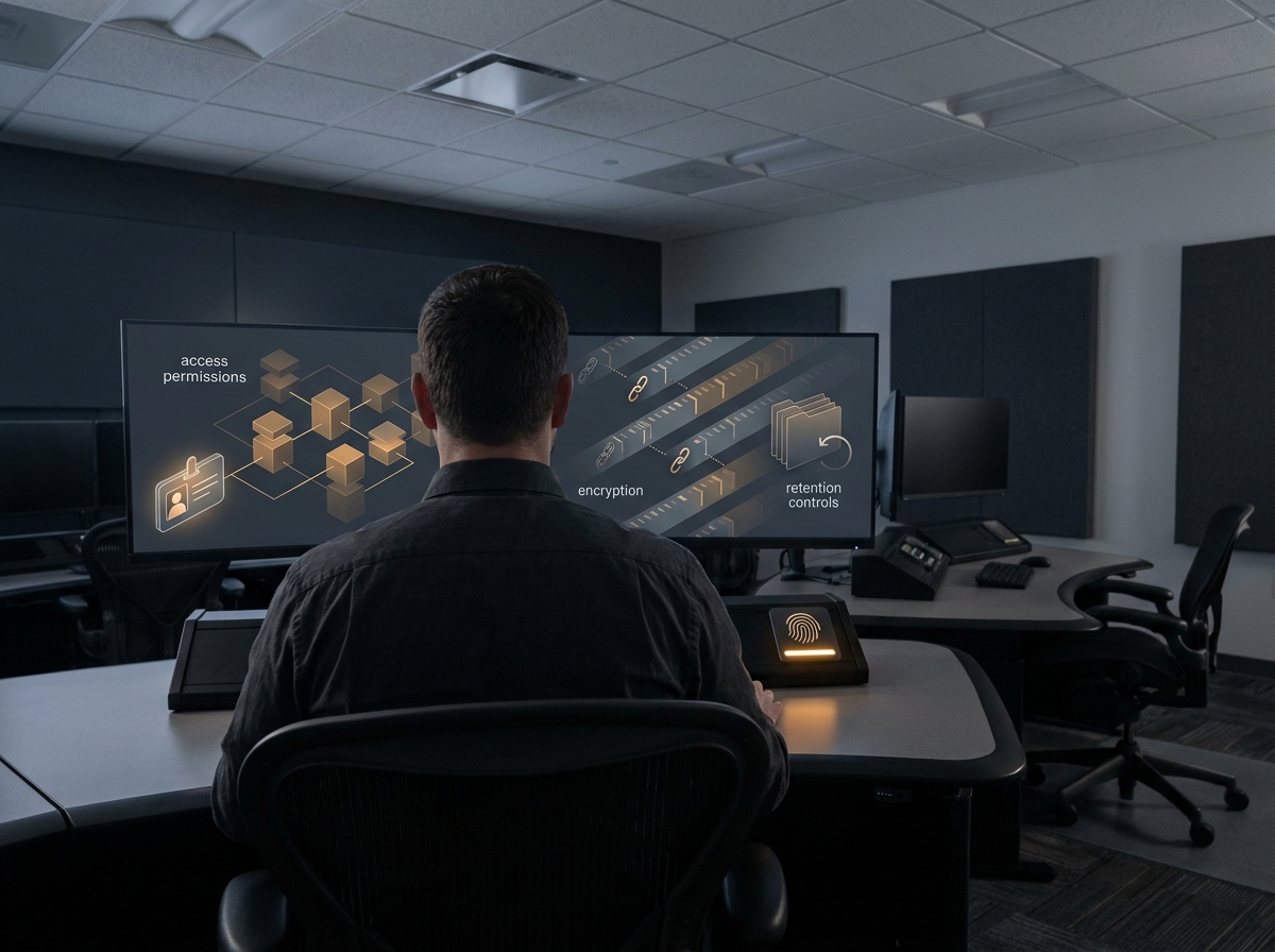 Authorized administrator reviewing video-data access and governance controls